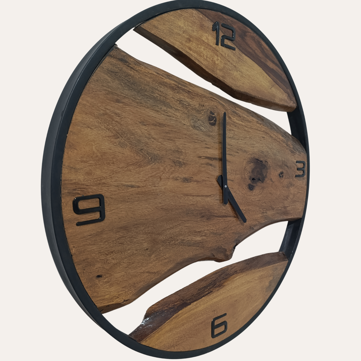 Close-up of Custom Sheesham Wood and Metal Rustic Wall Clock showing natural wood texture and metal frame detail