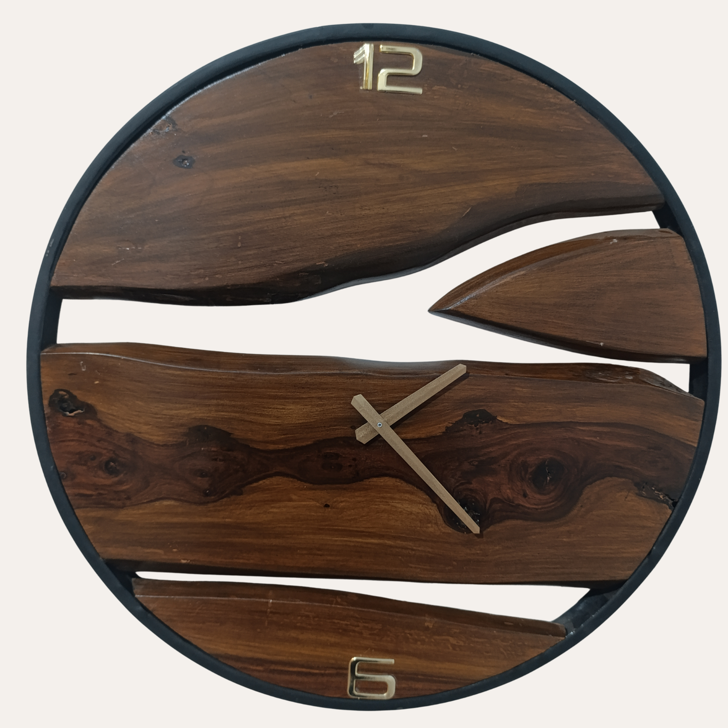 Side angle view of Custom Made Sheesham Wood and Metal Wall Clock highlighting craftsmanship and frame design