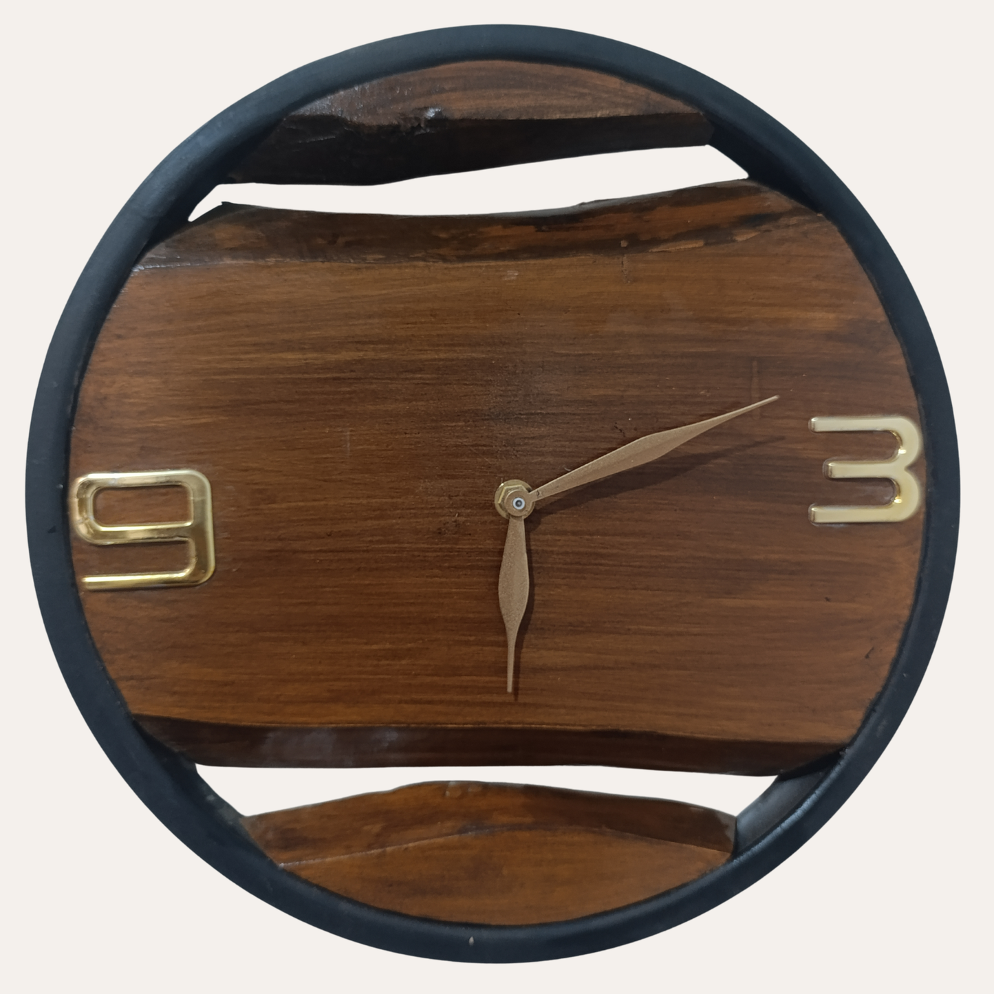 Side view of Live Edge Sheesham Wood Wall Clock showing the natural edge and solid wood thickness