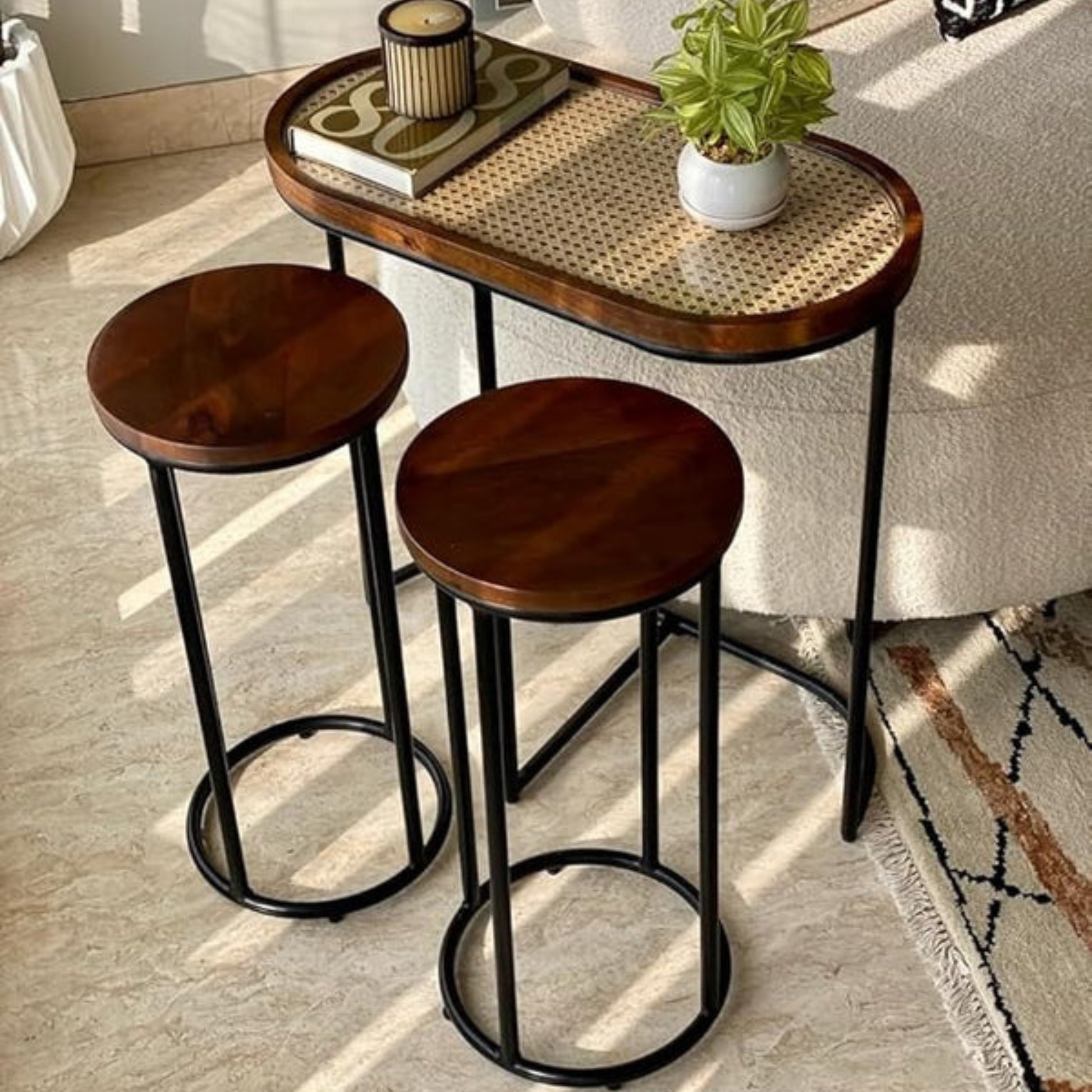 Set of 3 Round Charcoal Cane and Rattan Accent Tables – Living Room & Bedroom Furniture