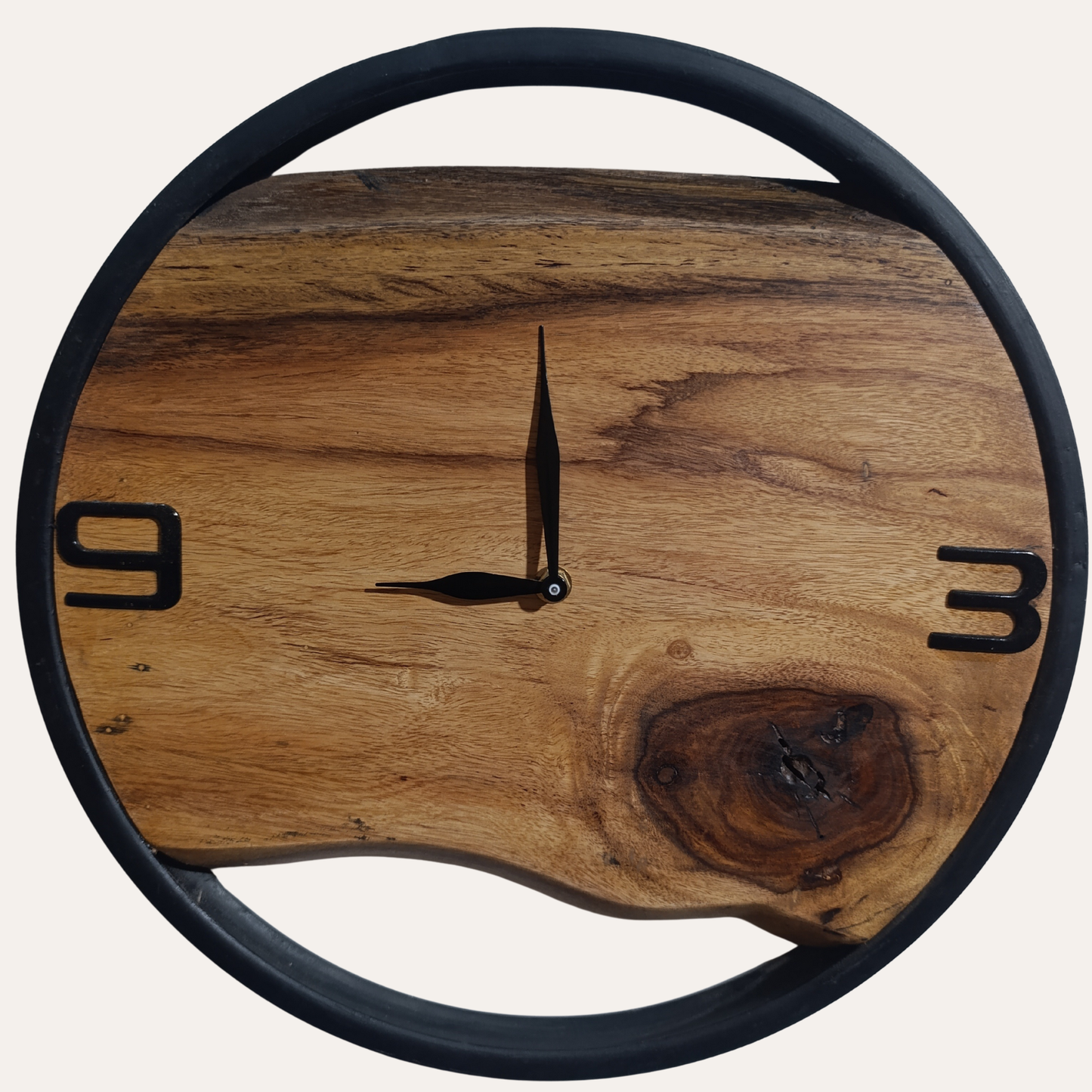 Front view of Timeless Sheesham round wooden wall clock with natural finish by Adaptivo Furniture