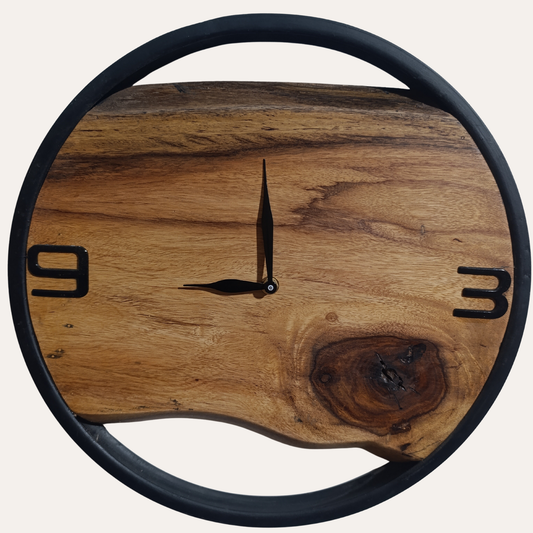 Front view of Timeless Sheesham round wooden wall clock with natural finish by Adaptivo Furniture