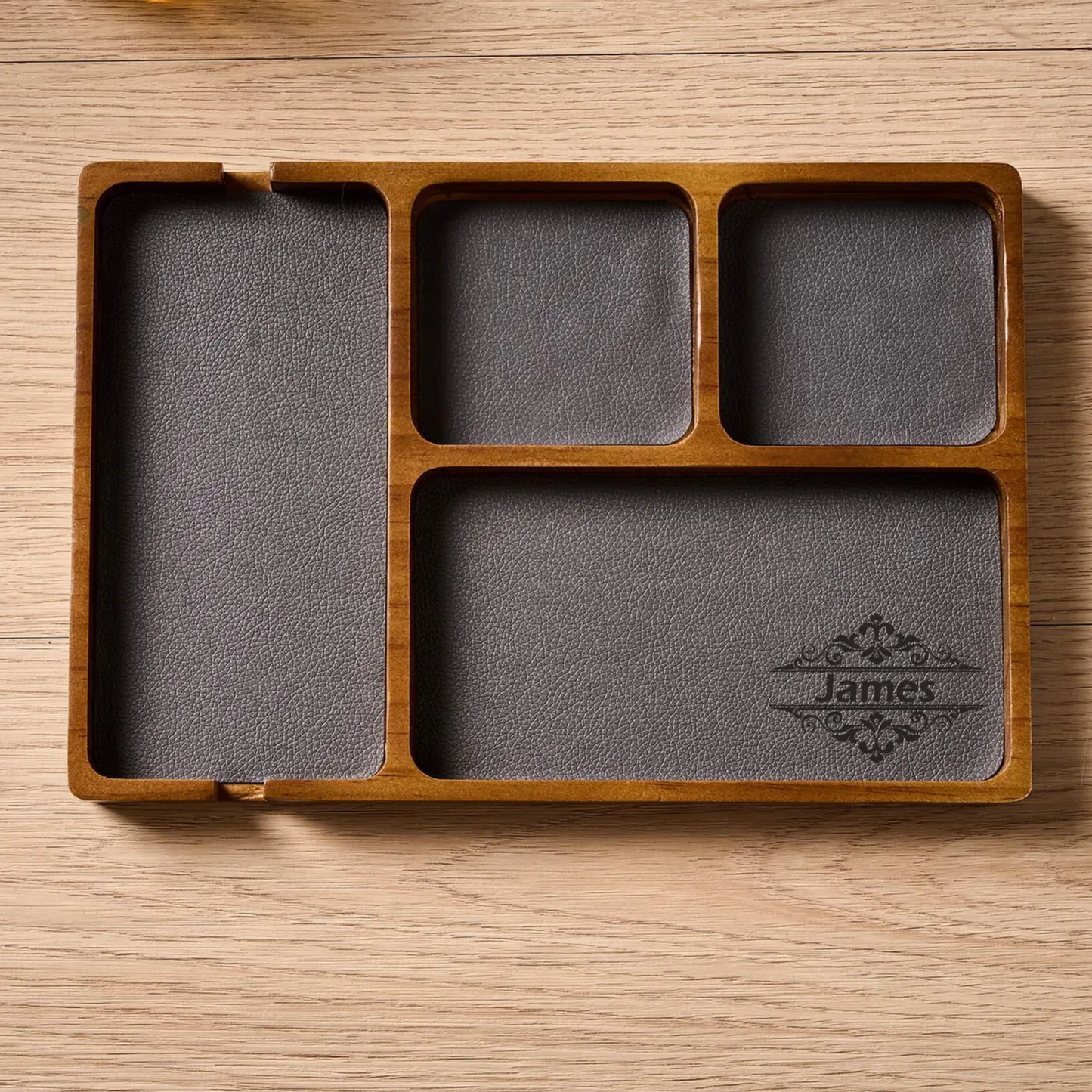 Wooden Desk Organizer Tray with Compartments for Phone, Watch & Accessories – Adaptivo Furniture