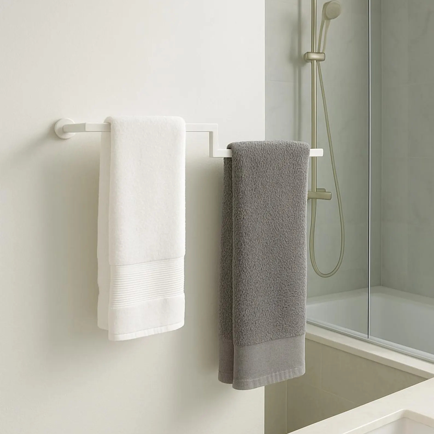 White Wall Mounted Metal Towel Rack with Hooks – Modern Bathroom Organizer by Adaptivo Furniture