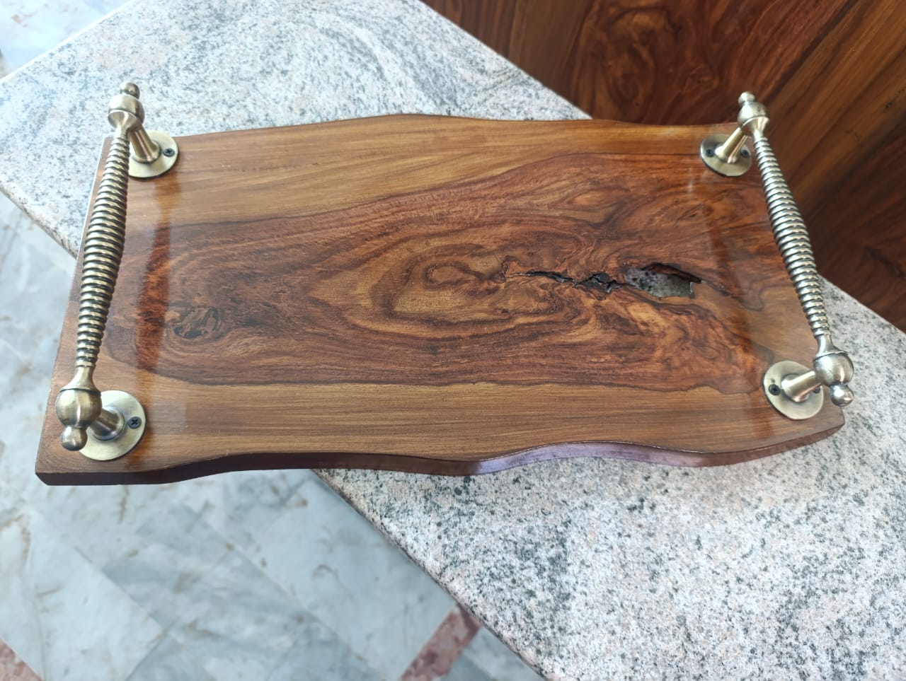 Side view of Sheesham wood serving tray with strong handles