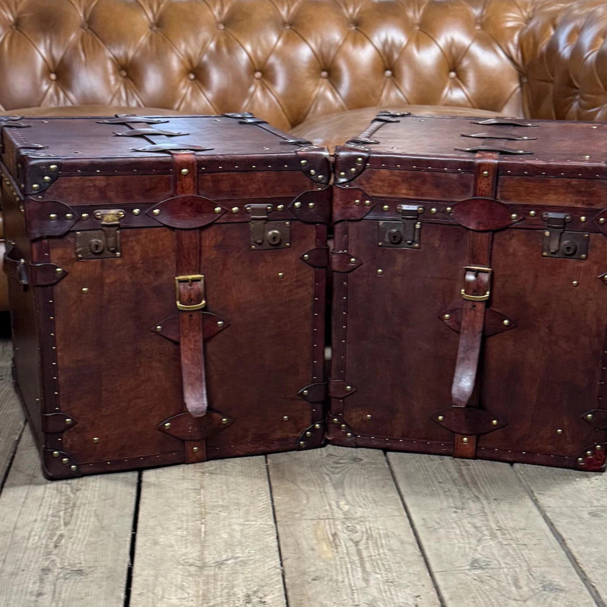 Belted hand dyed leather trunk vintage storage chest by Adaptivo Furniture