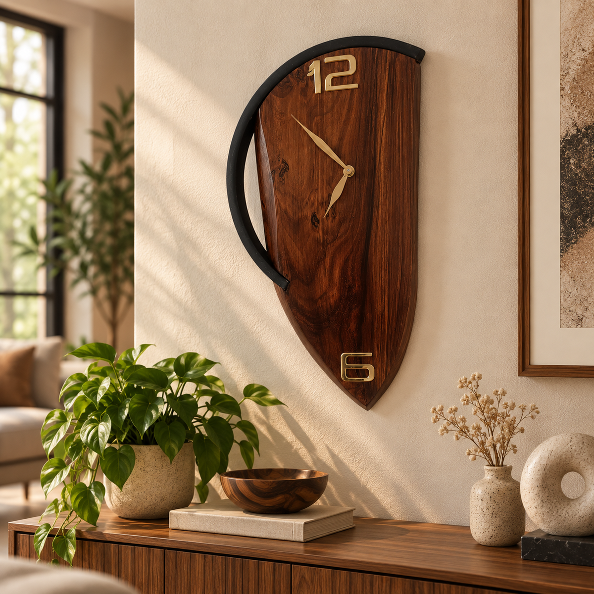 A shield-shaped wooden wall clock with a black curved top trim and gold-tone numerals, displayed on a beige wall above a wooden console table in a styled living room setting.