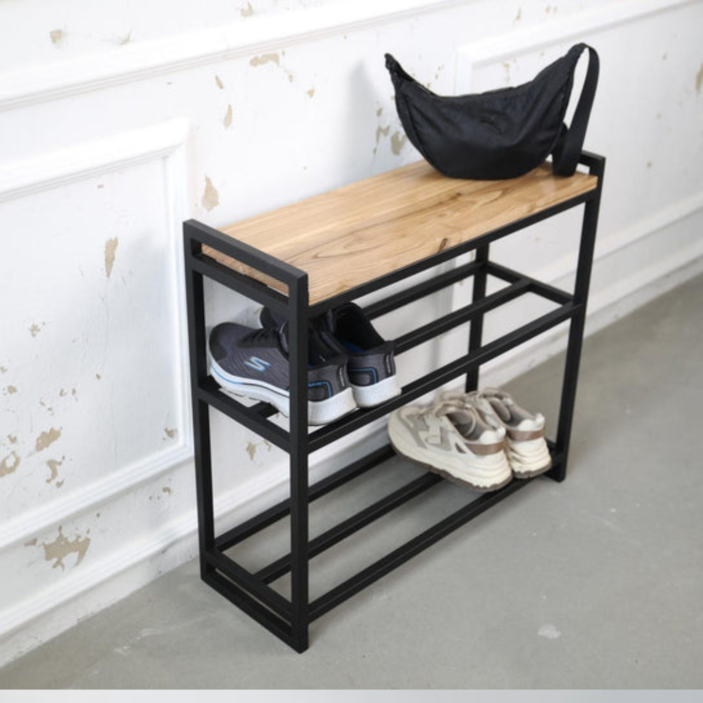 Modern Entryway Shoe Rack Bench – 2-Tier Wood and Metal Storage Seat by Adaptivo Furniture