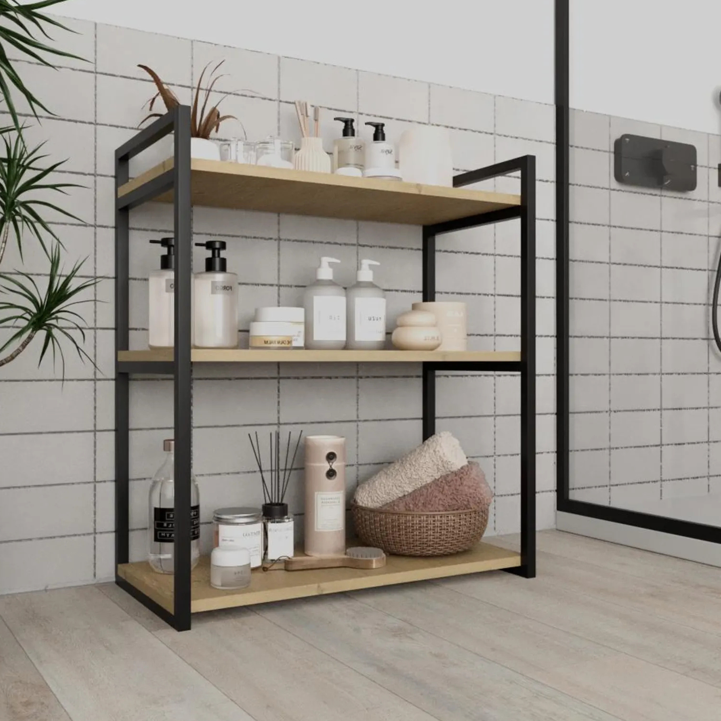 Modern bathroom shelf metal frame wooden tiers