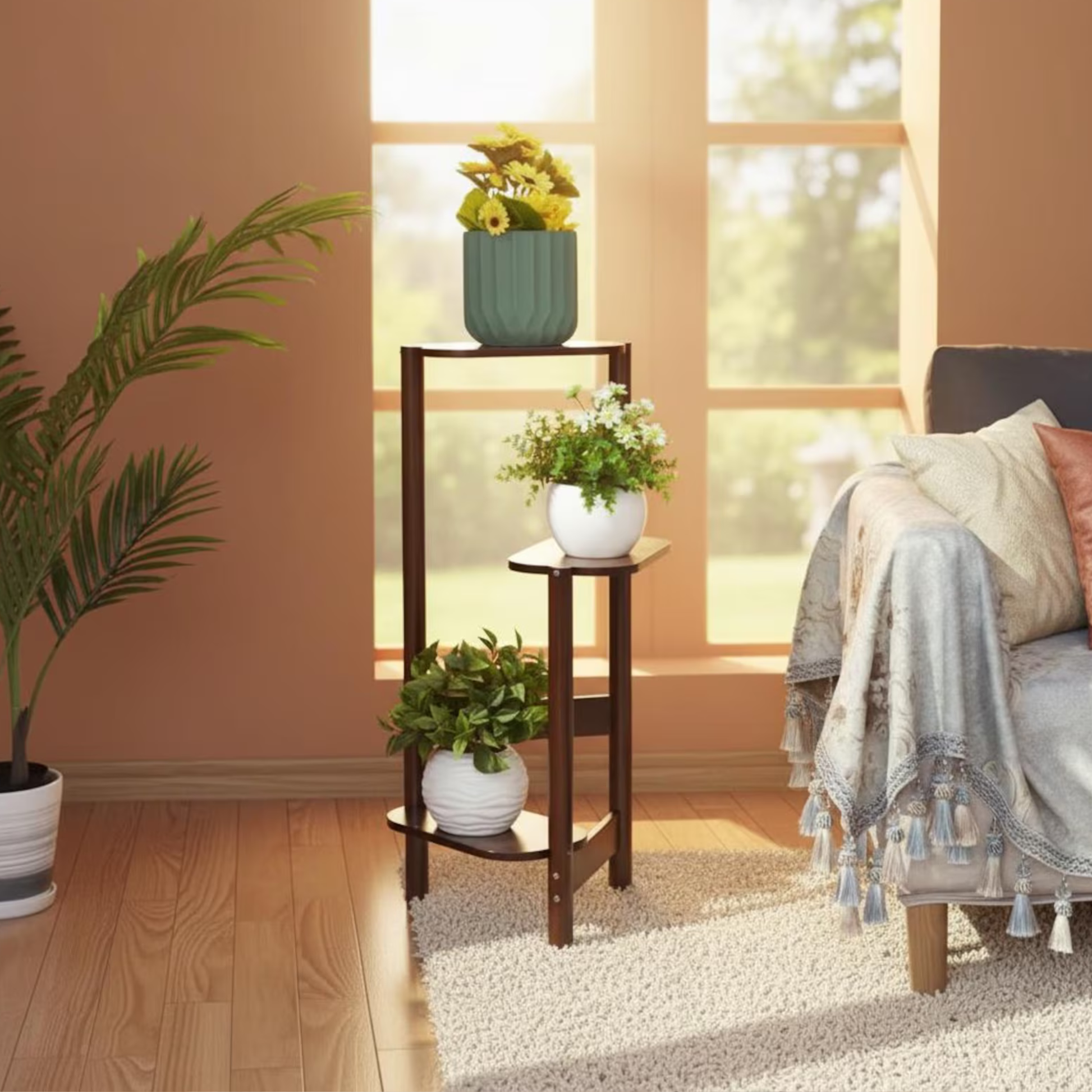 “3-Tier Indoor Plant Shelf – Solid Sheesham Wood Corner Stand by Adaptivo Furniture”