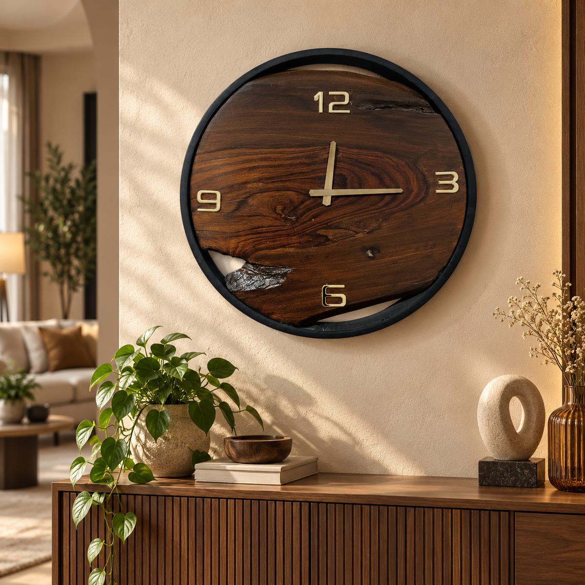 A round wall clock with a dark wood grain face and black frame hangs on a beige wall above a wooden console table in a styled living room setting.