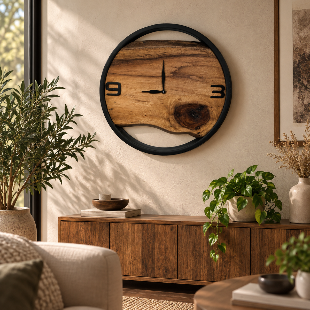 A round wall clock with a natural wood grain face and black metal frame, mounted on a beige wall in a styled living room with plants and a wooden cabinet.