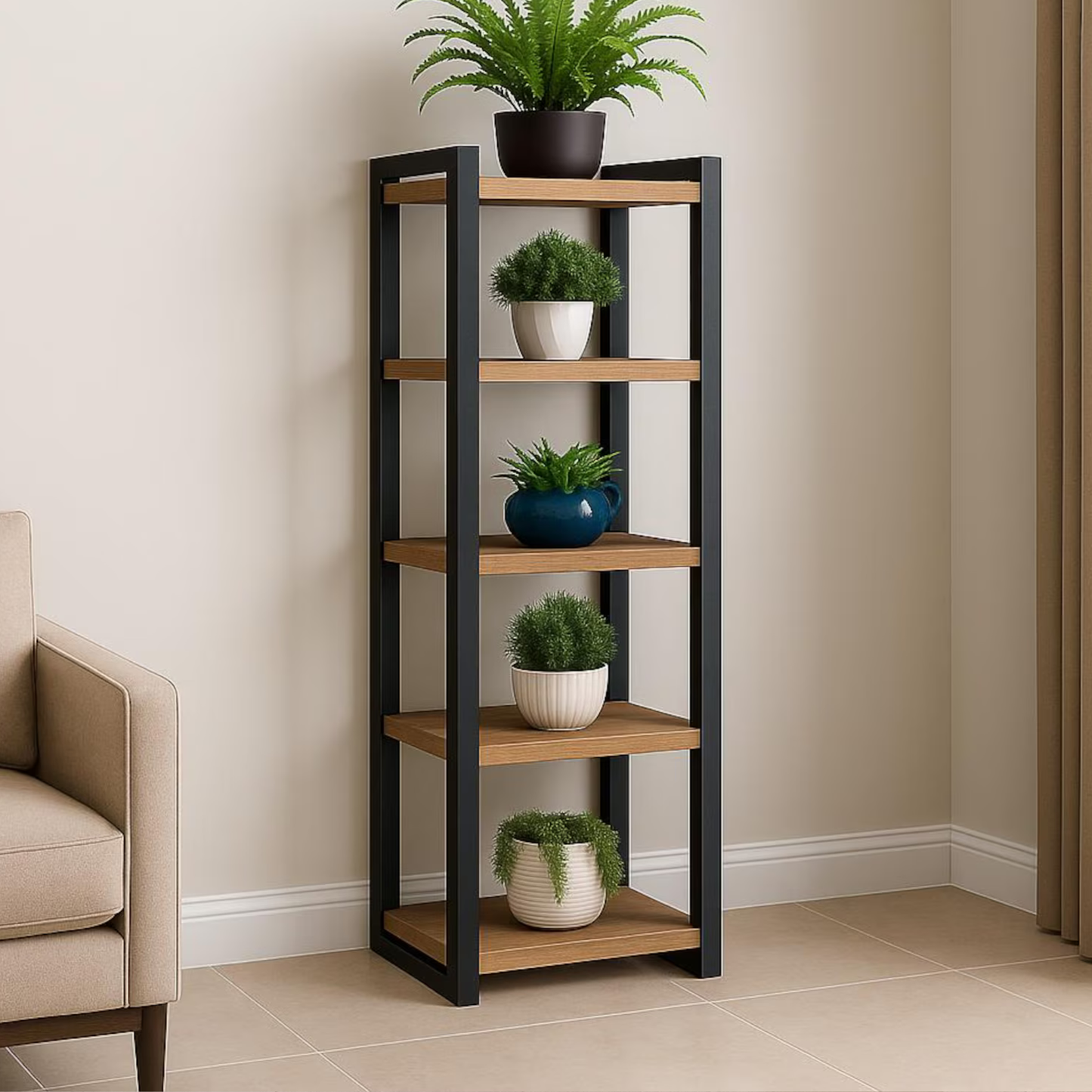 “5-Tier Sheesham Wood Plant Stand – Wooden & Metal Display Rack by Adaptivo Furniture”