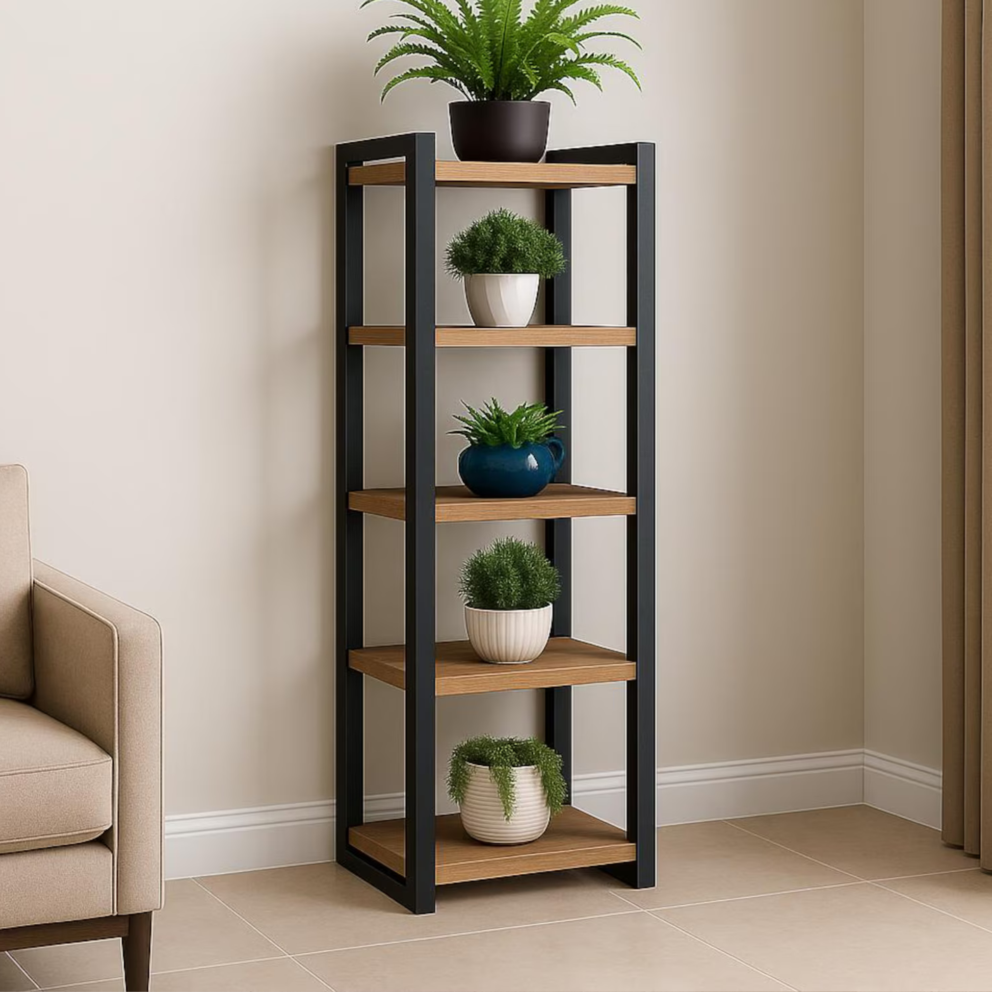 “5-Tier Sheesham Wood Plant Stand – Wooden & Metal Display Rack by Adaptivo Furniture”