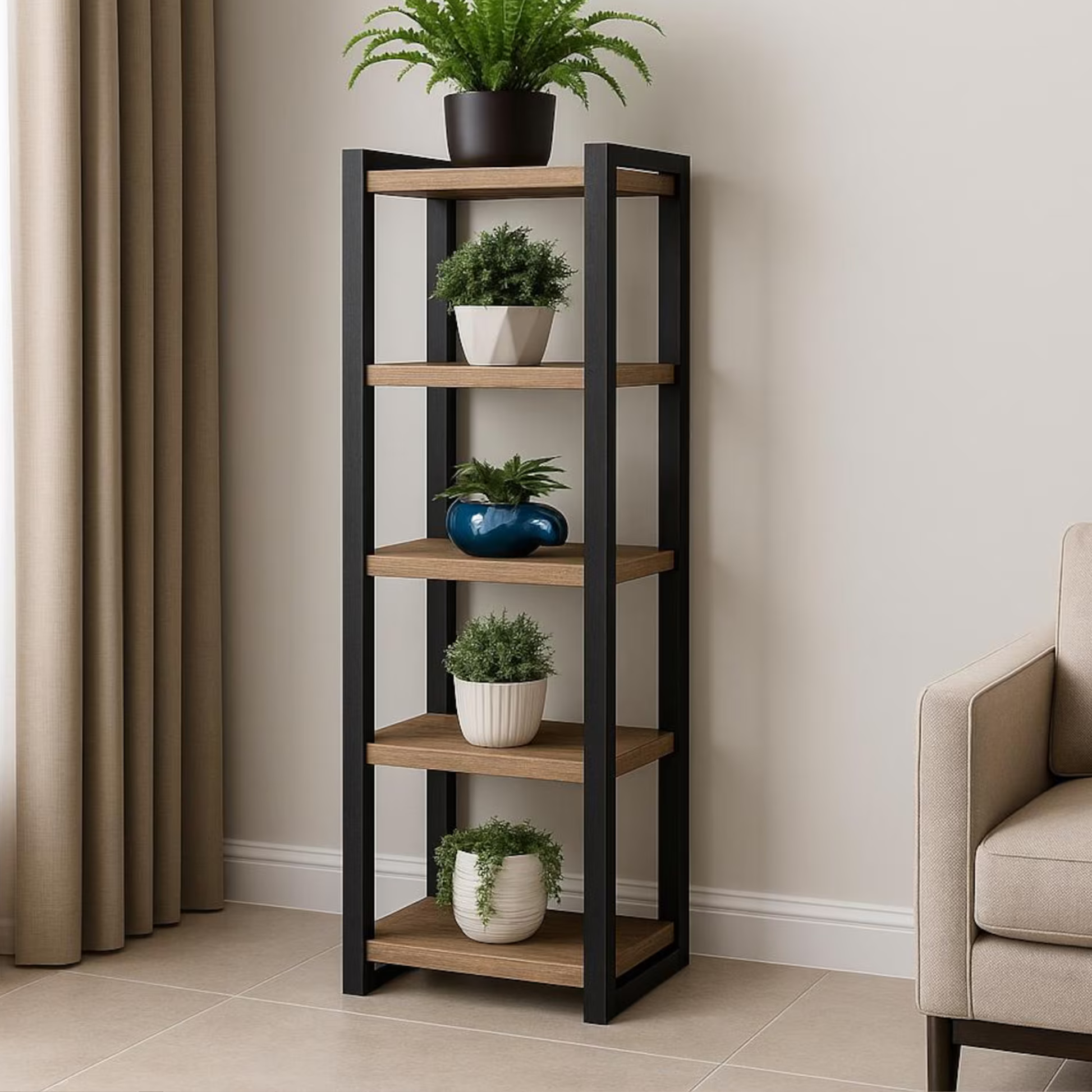 “Pure Sheesham Wood Plant Rack – Black Metal Frame, 57.5” Tall”