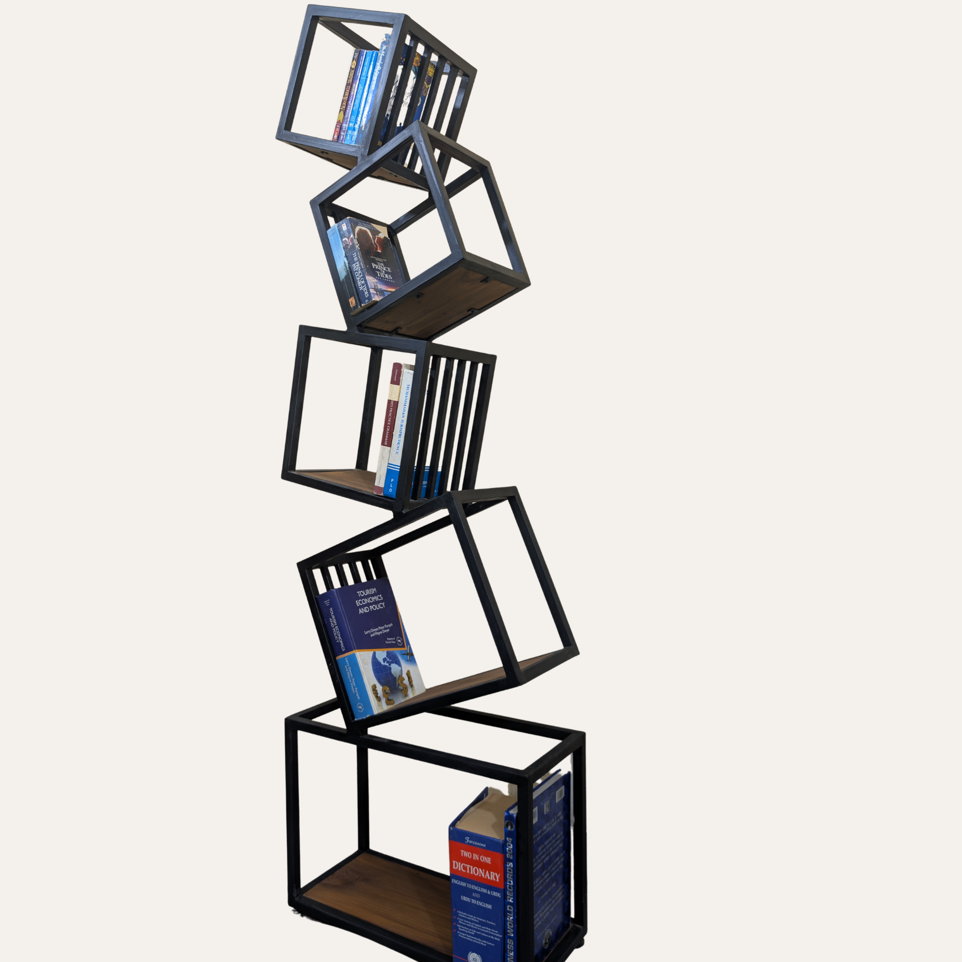 “Modern 5-Tier Metal Geometric Bookshelf in black finish – sleek and stylish storage shelf by Adaptivo Furniture for living rooms and offices.”