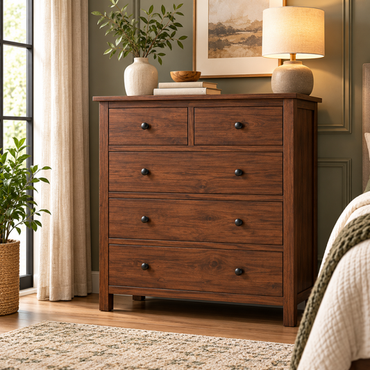 5 drawer solid Sheesham wood chest of drawers with natural matte finish.