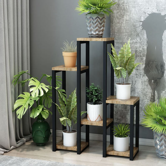 Front view of 6 tier metal plant stand with wood and flower pot holder – Adaptivo Furniture
