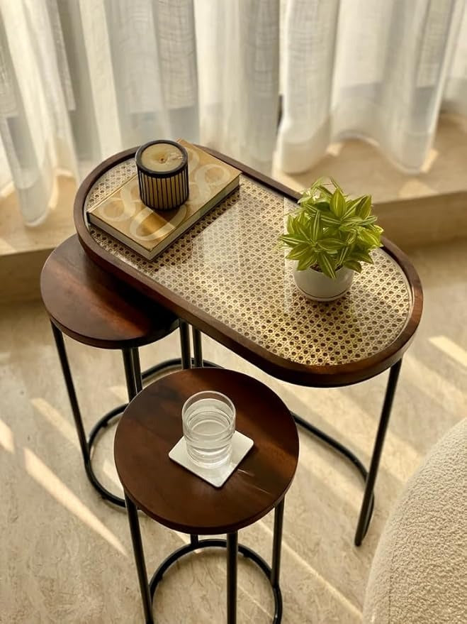Charcoal Rattan Cane Side Table - Set of Three Side Tables