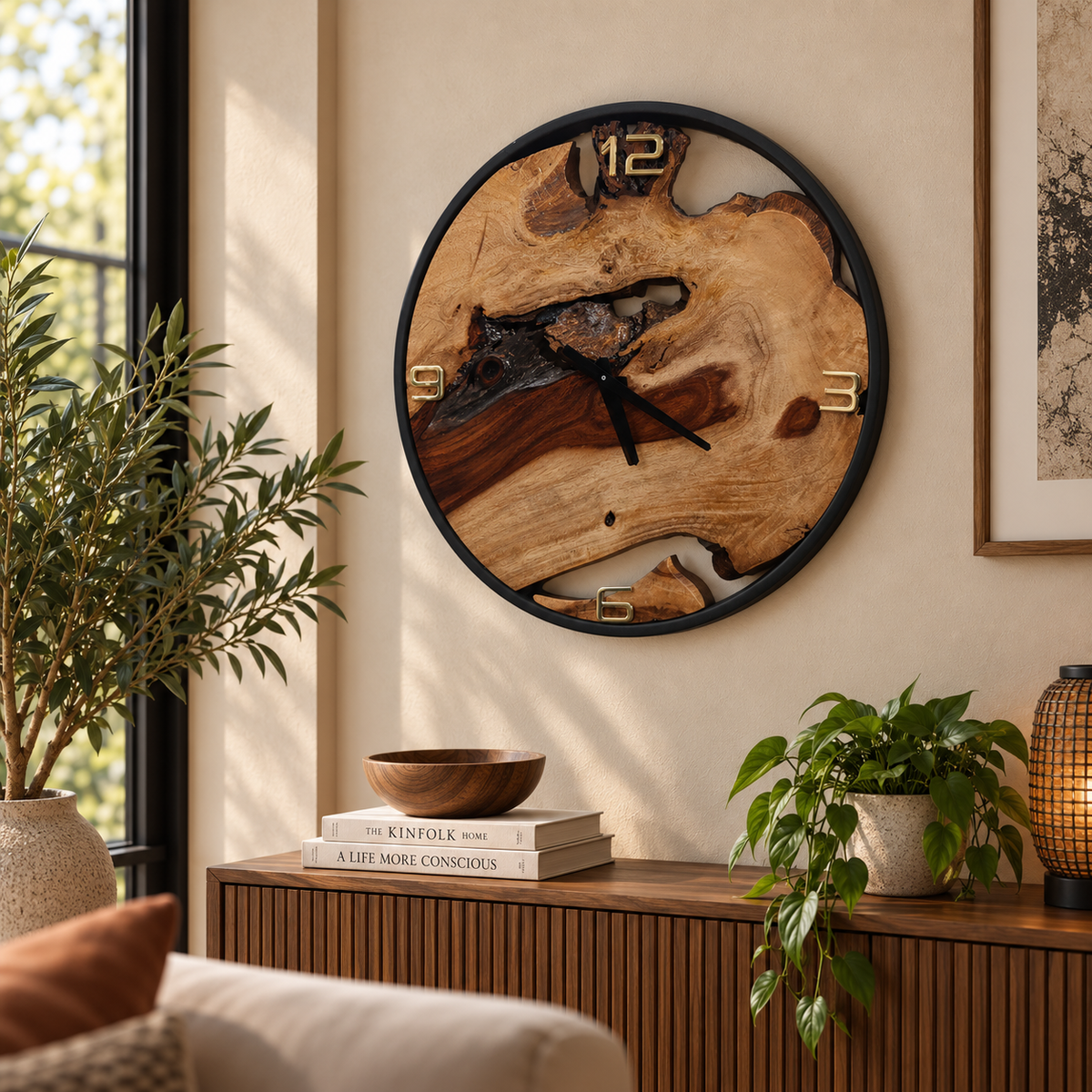 A round wall clock with a natural wood slab face and black frame, mounted on a beige wall in a styled living room setting with plants and a console table.