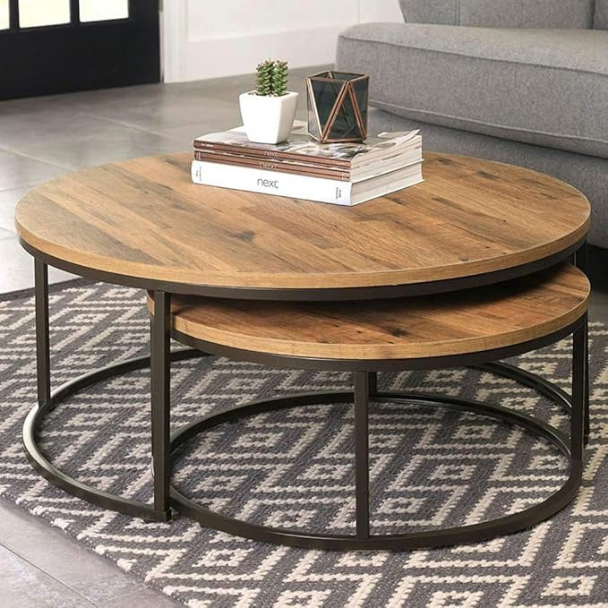 Round,large Coffee Table, Nesting Table Wood and Metal,Set of 2,