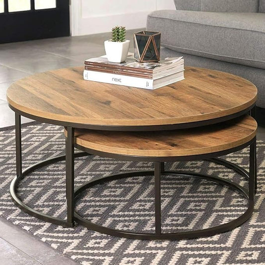 Round,large Coffee Table, Nesting Table Wood and Metal,Set of 2,