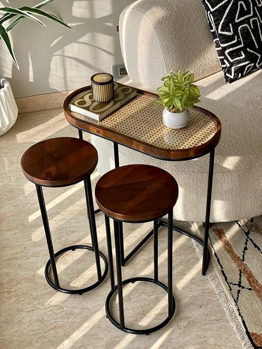 Charcoal Rattan Cane Side Table - Set of Three Side Tables