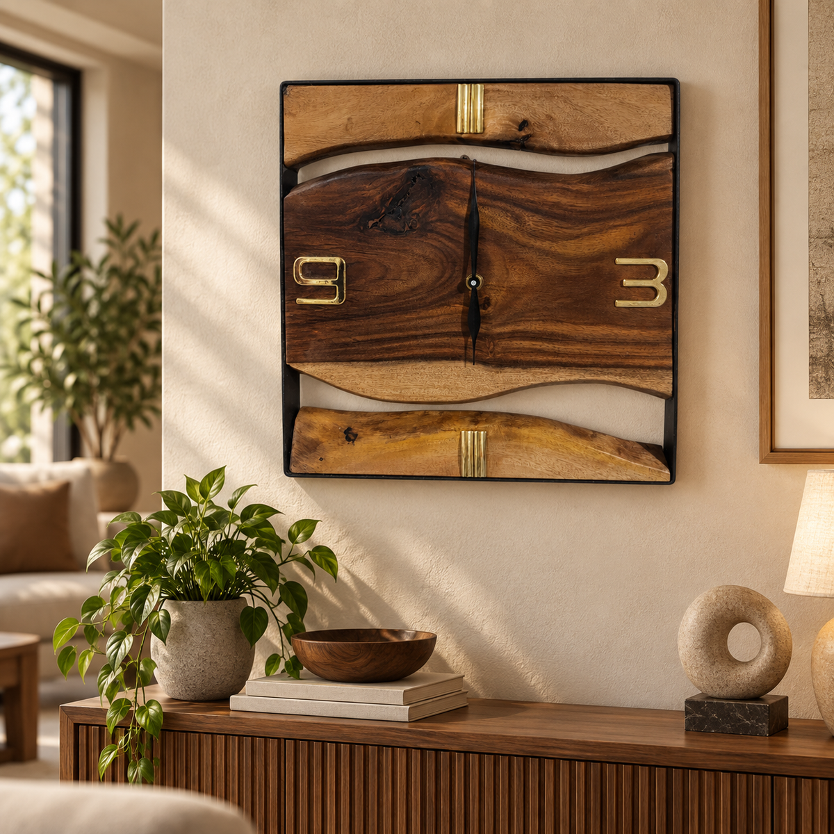 A square wall clock made from layered natural wood slabs with a black frame and gold-tone numerals, hanging on a beige wall in a styled living room with a plant, console table, and lamp.