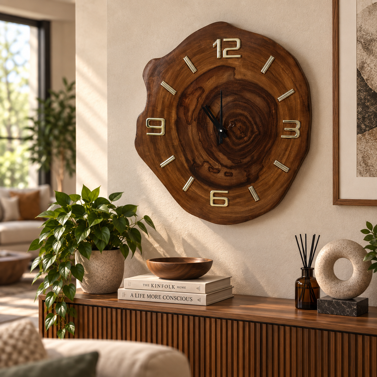 A large rustic wood slice wall clock with natural grain and cream-colored numerals, mounted on a beige wall in a styled living room above a wooden console table with plants and decor.