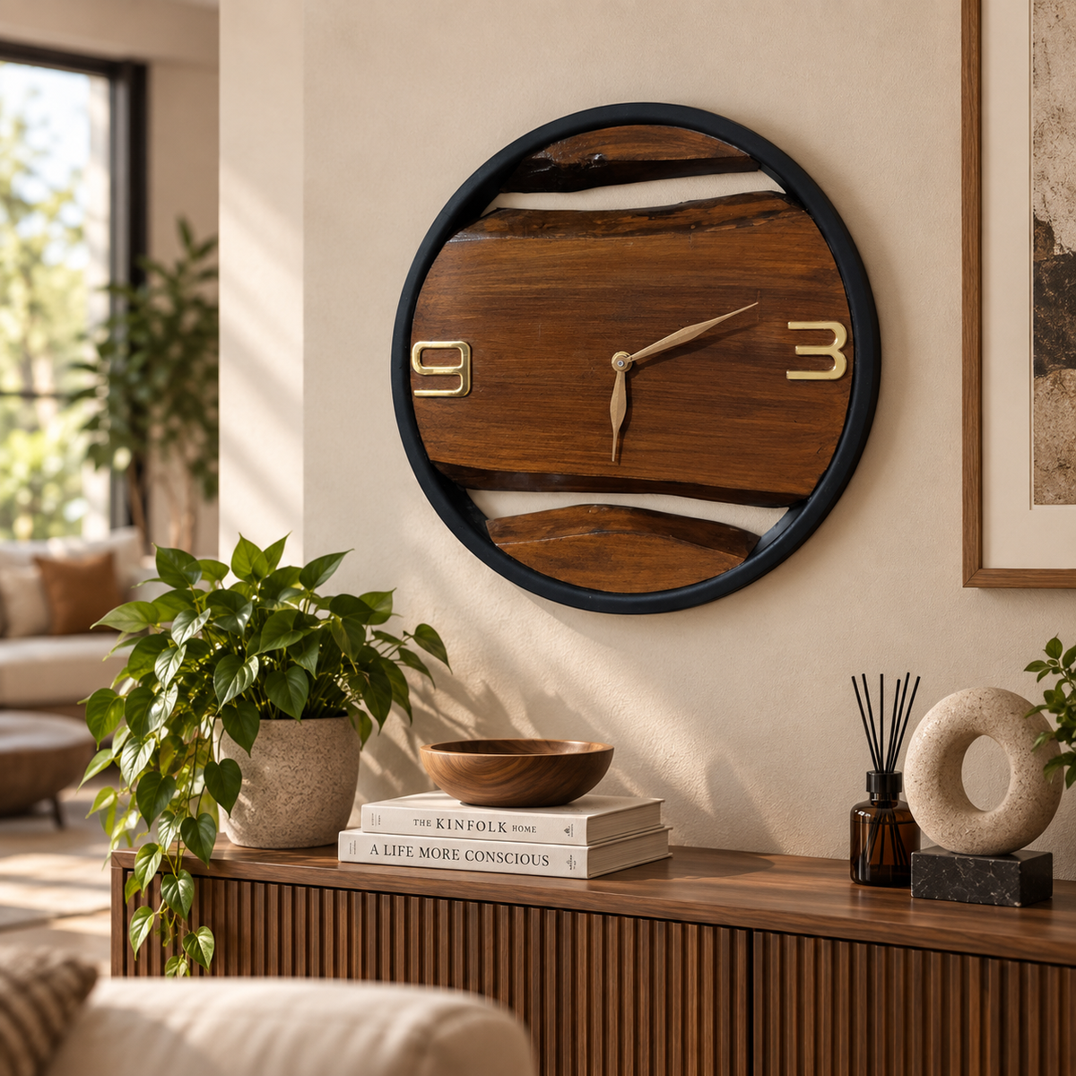 Handcrafted Sheesham wood live edge wall clock with black metal frame