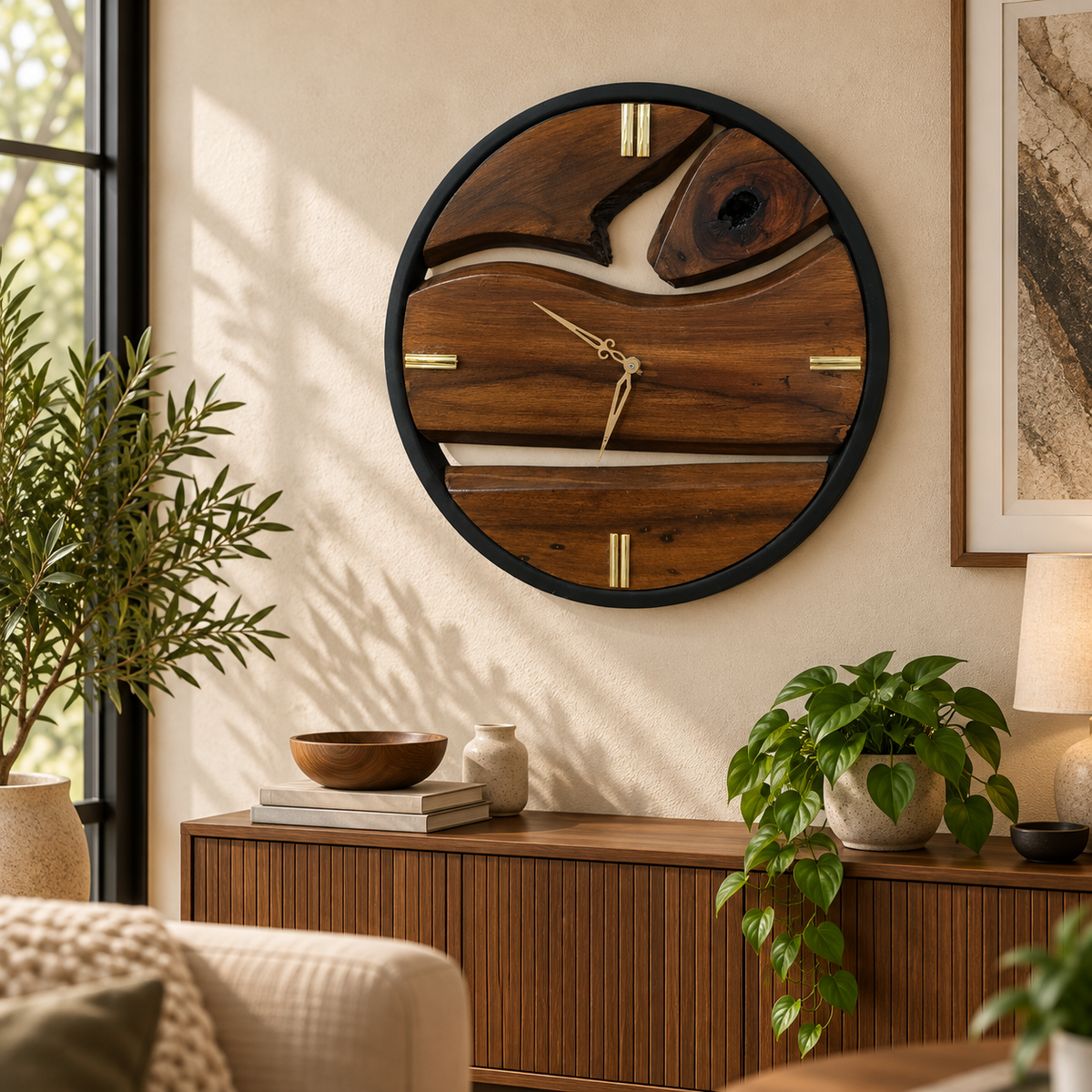 Round wall clock with a dark wood grain design and gold-tone hands, mounted on a beige wall in a styled living room setting with plants and a wooden cabinet.