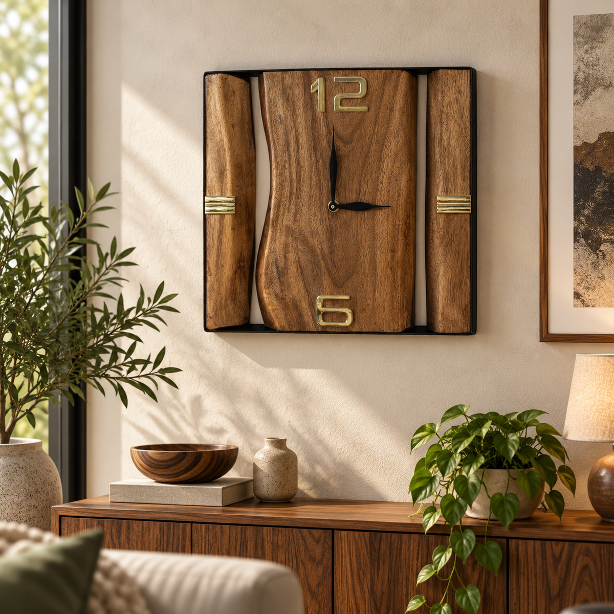 A rustic wooden wall clock with a wavy central panel and two side panels, mounted on a beige wall above a wooden console table with plants and decor.
