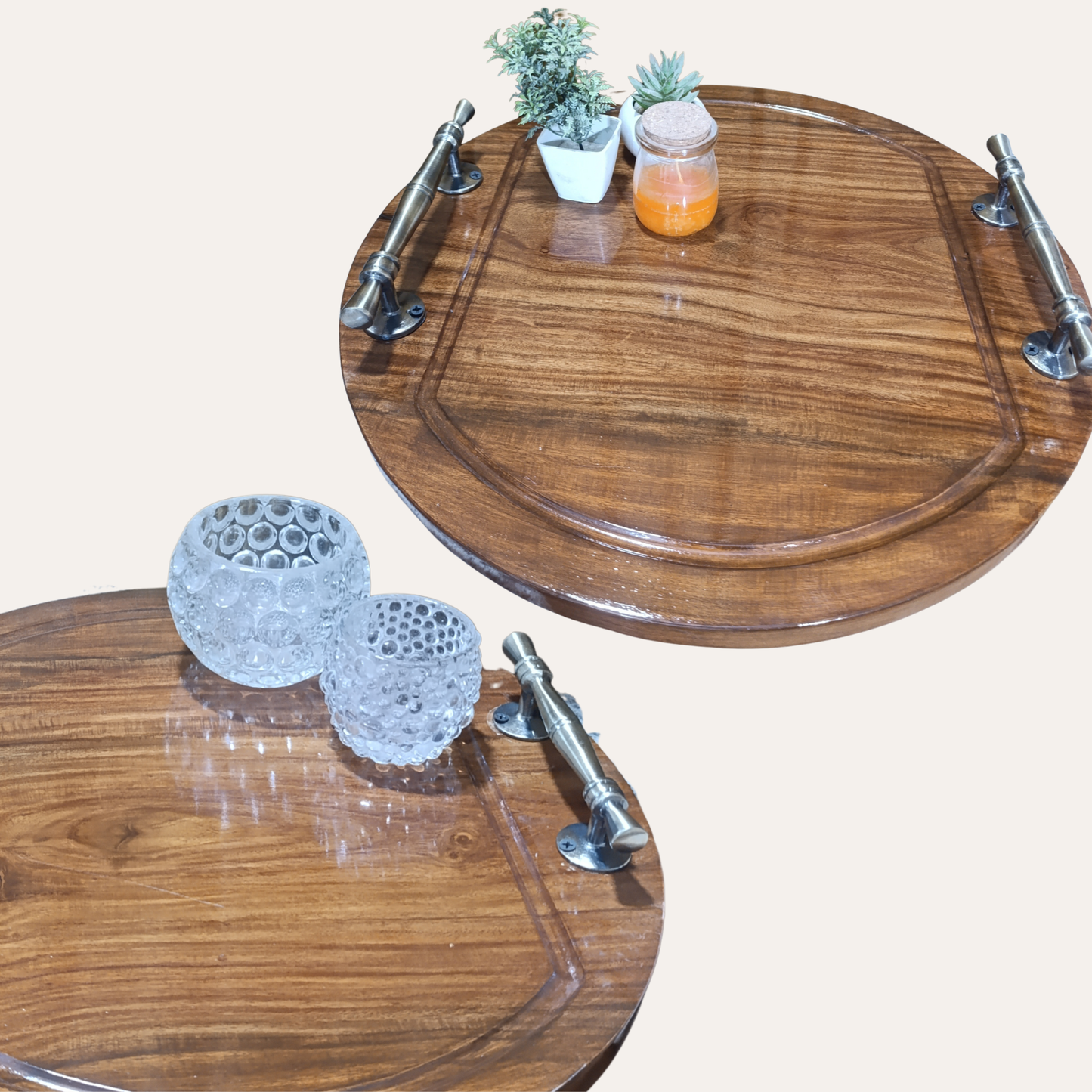 Set of 2 Sheesham Wood Round Serving Trays – Brass Handles | Handmade 18” & 16” Trays by Adaptivo Furniture