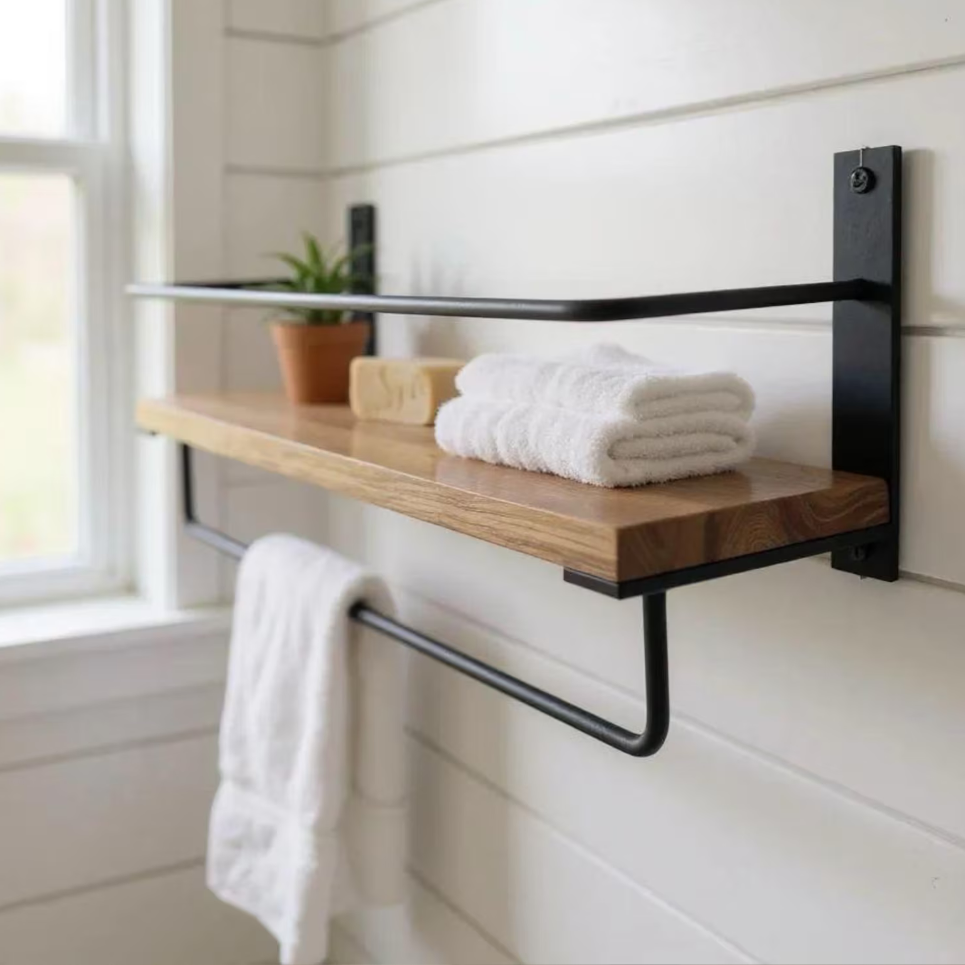 Bathroom Wall Shelf with Towel Bar – Solid Sheesham Wood & Metal Frame