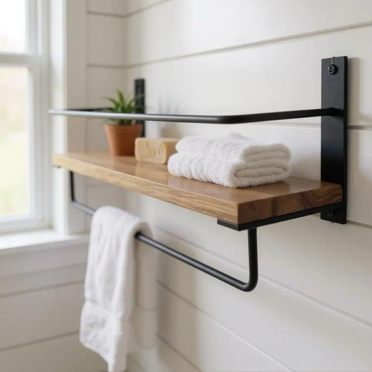 Bathroom Wall Shelf with Towel Bar – Solid Sheesham Wood & Metal Frame
