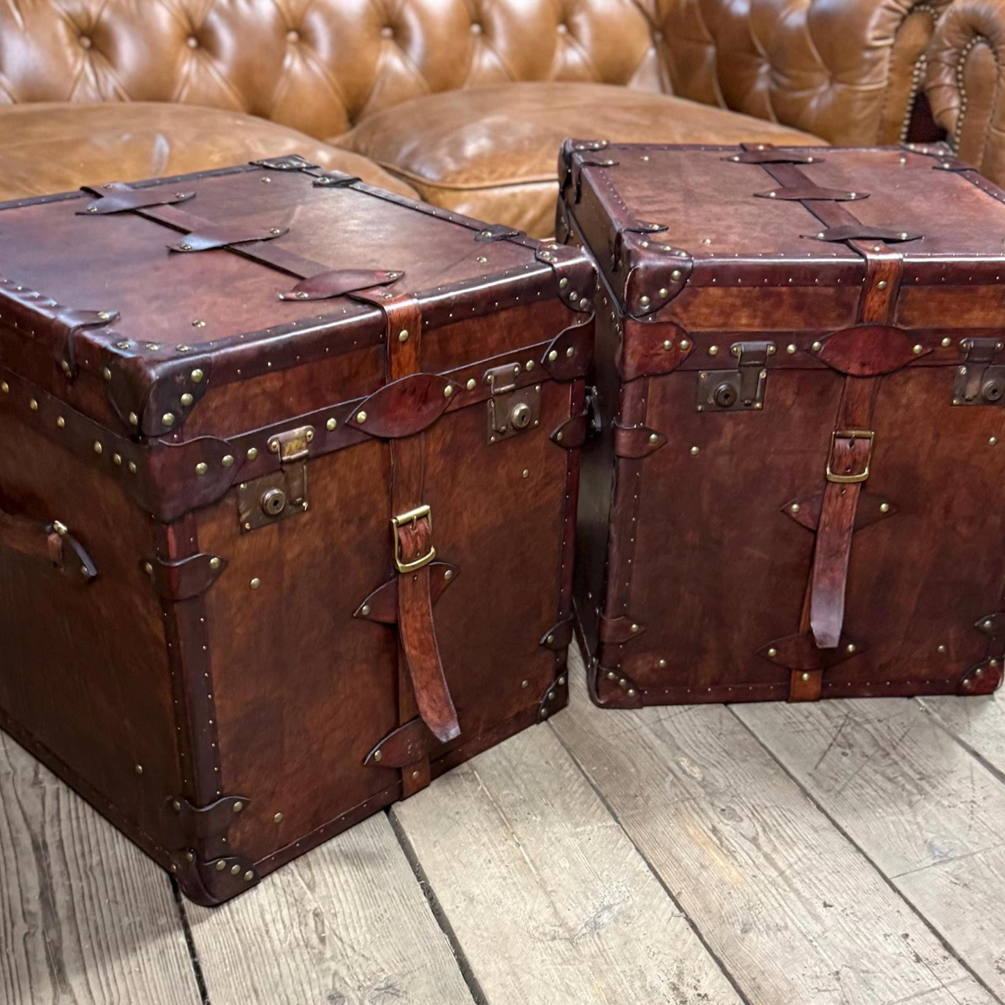Leather trunk dimensions 19.69W x 21.65H x 19.69D inches compact storage chest