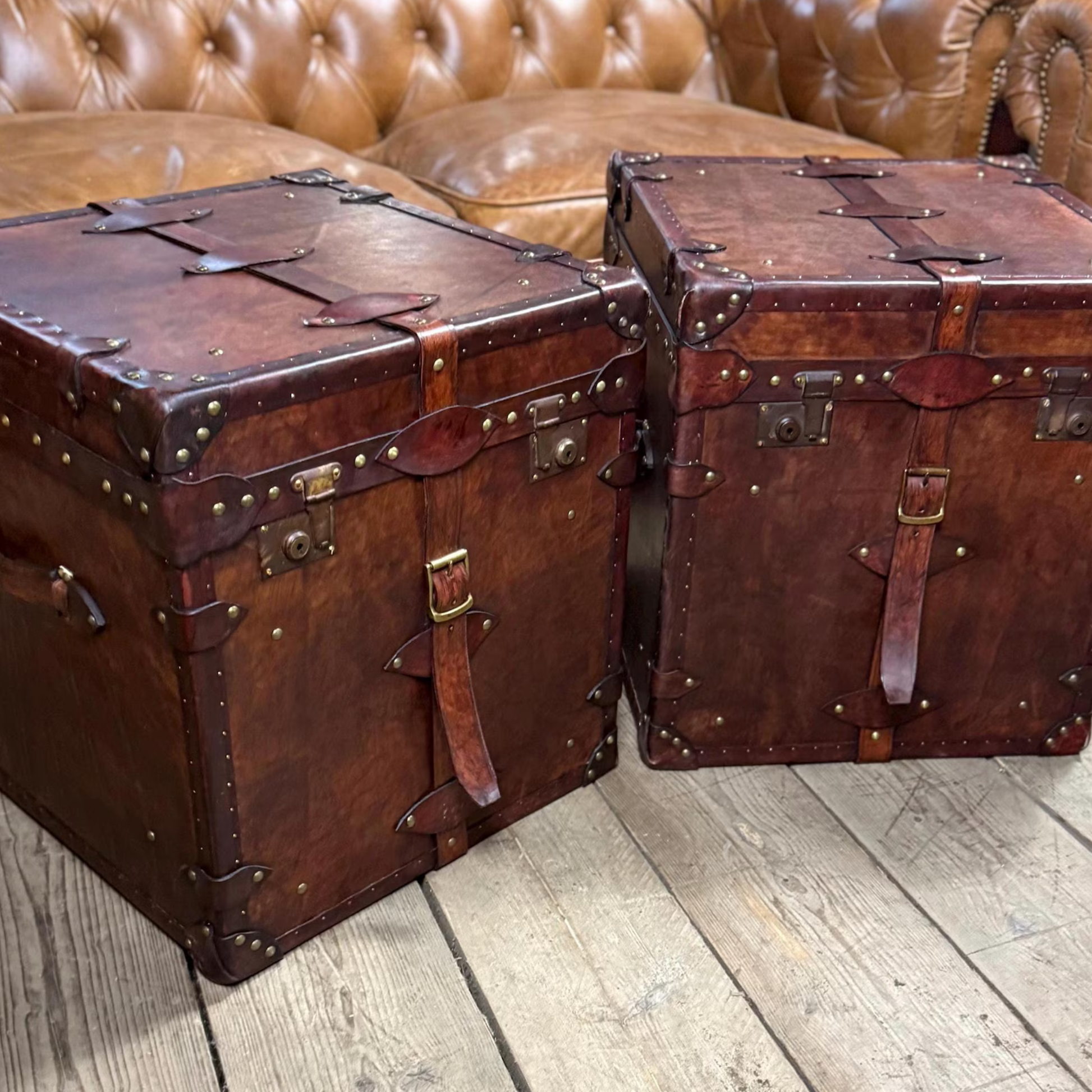Leather trunk dimensions 19.69W x 21.65H x 19.69D inches compact storage chest