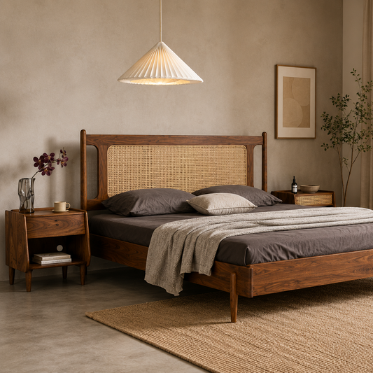 A mid-century modern wooden bed frame with a woven cane headboard, styled in a warm, neutral-toned bedroom with matching nightstands, a woven rug, and a paper lantern pendant light.