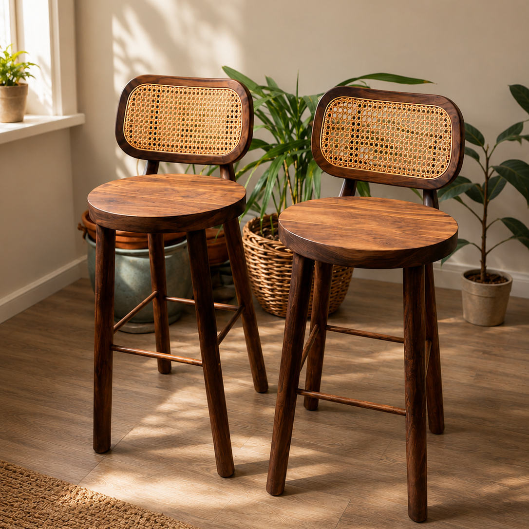 Solid Pakistani Sheesham Wood Bar Stool with Cane Back | Handmade Scandinavian Counter Stool | Modern Kitchen & Bar Chair