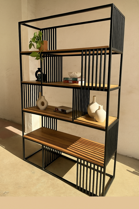 Industrial Metal & Wood Open Bookshelf – 4 Tier Display Rack