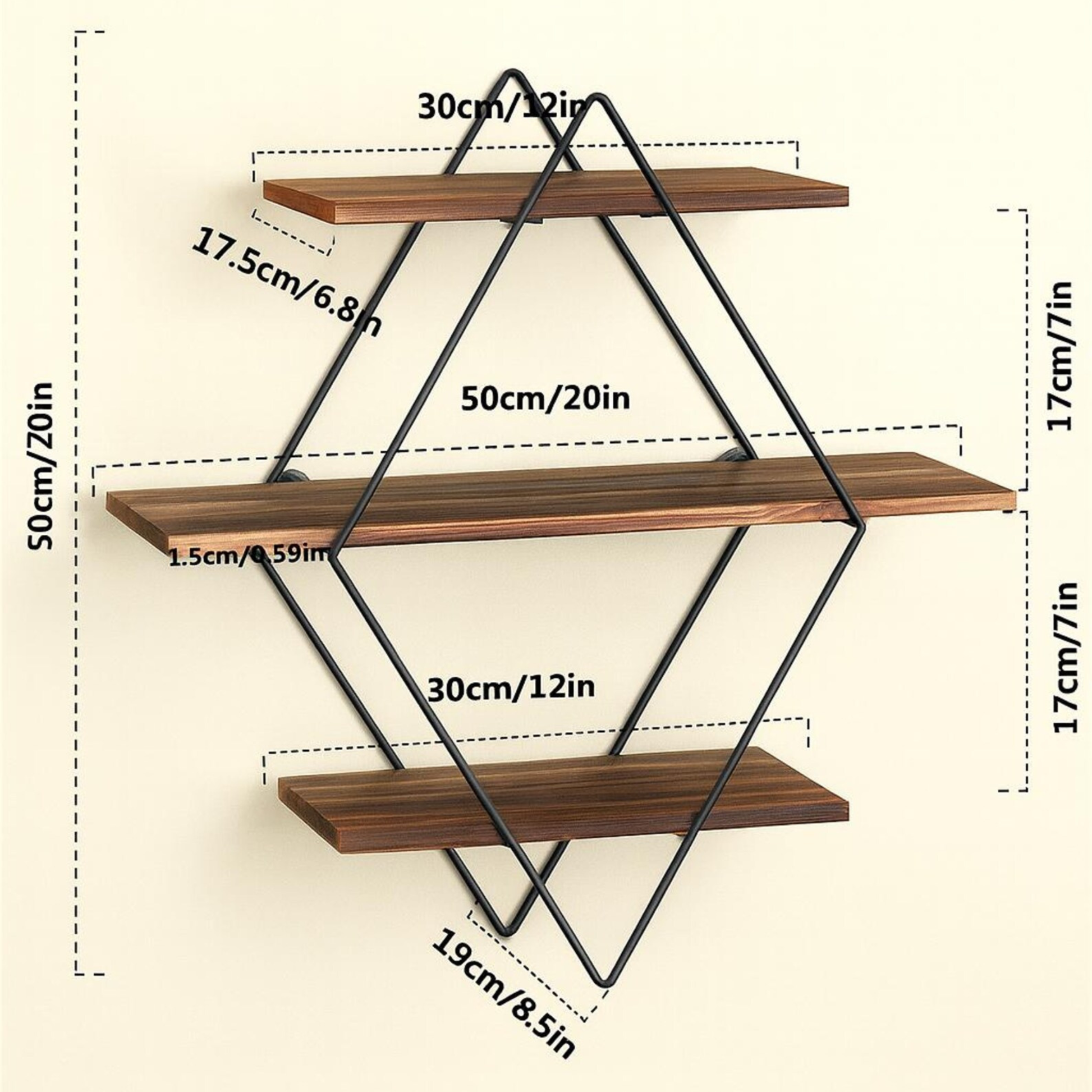 Wood and Metal Geometric Wall Shelf – Contemporary Floating Storage Rack for Living Room & Office