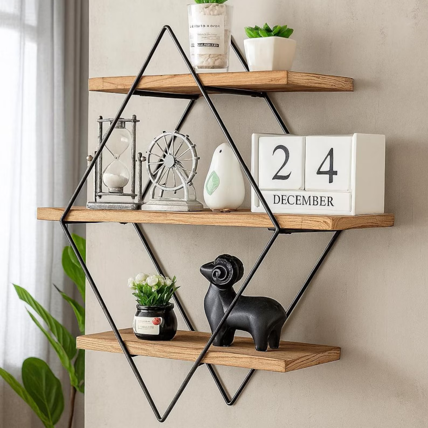 Modern Industrial Geometric Wall Shelf – Solid Wood & Black Metal Frame by Adaptivo Furniture