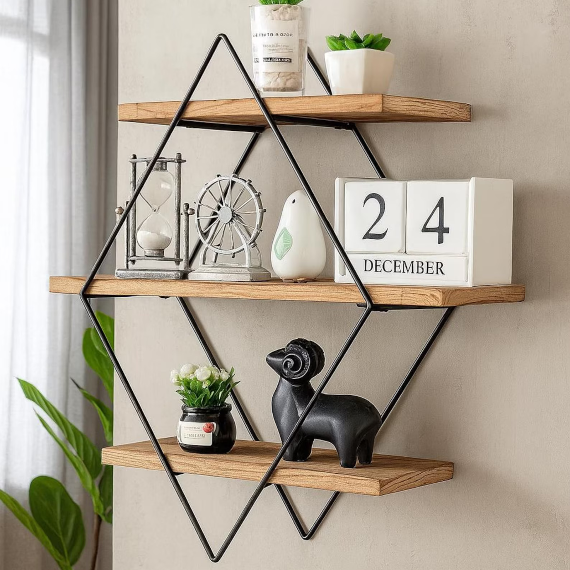 Modern Industrial Geometric Wall Shelf – Solid Wood & Black Metal Frame by Adaptivo Furniture