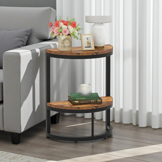 Half round Sheesham wood side table with metal frame modern industrial end table by Adaptivo Furniture