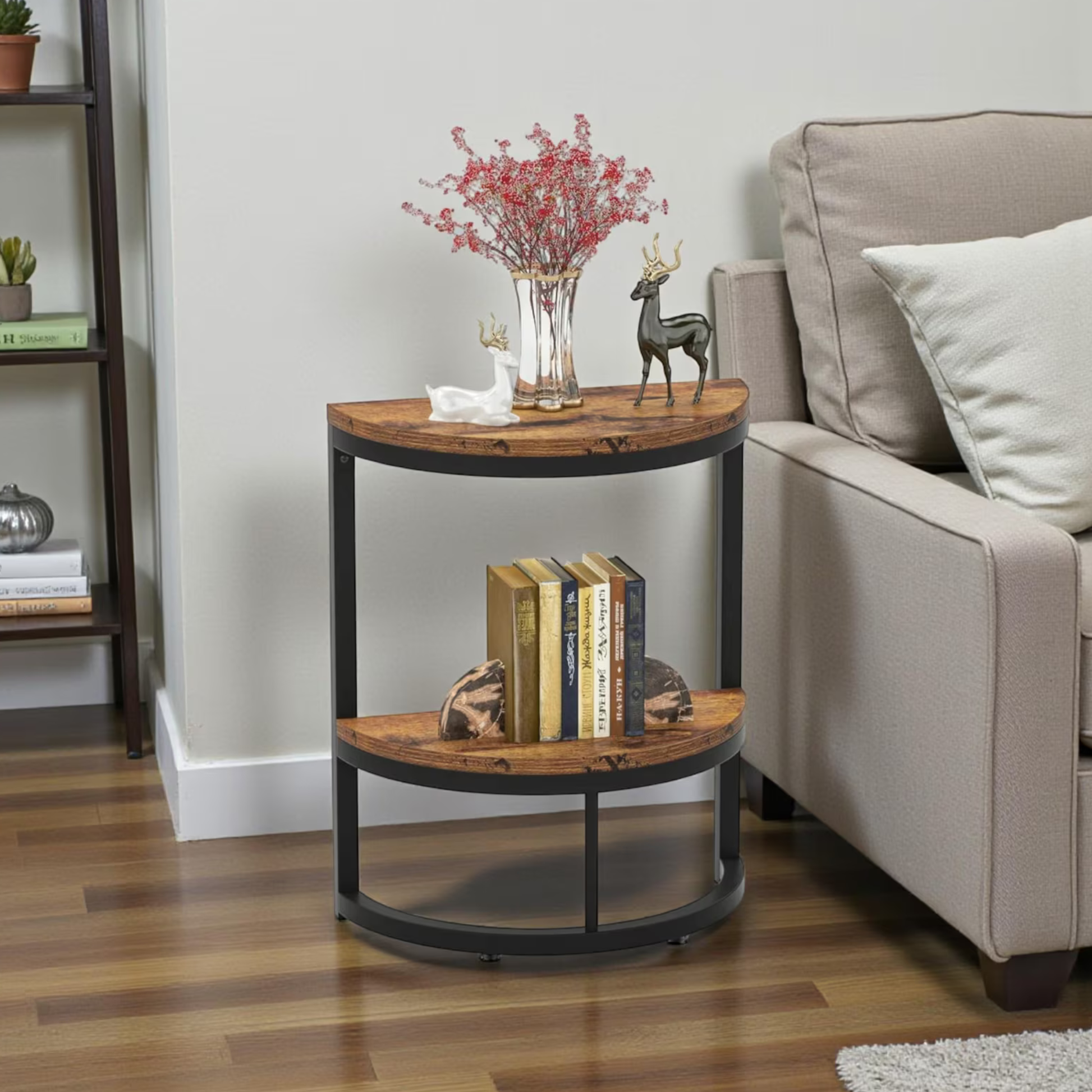 Close view of Sheesham wood tabletop and metal frame half round side table