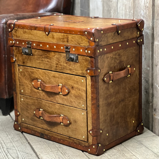 Luxury hand dyed top grain leather side table with drawer modern end table by Adaptivo Furniture