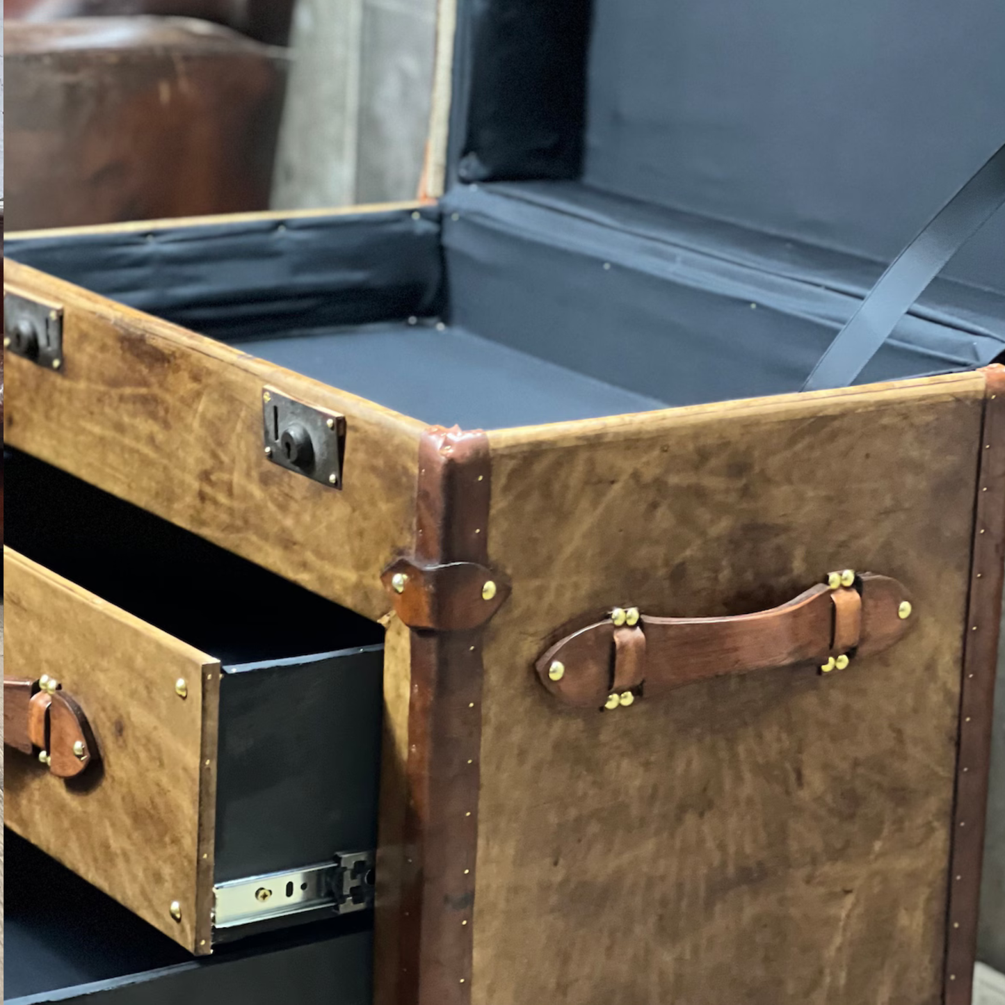 Close up view of drawer and leather texture luxury side table