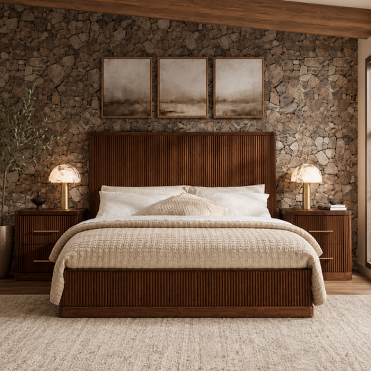 A mid-century modern wooden bed with a slatted headboard and footboard, dressed in cream bedding, set against a rustic stone wall with three framed landscape prints and matching nightstands.