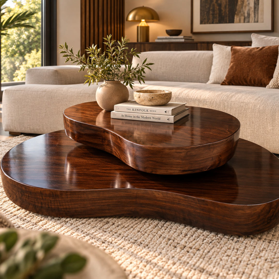 A modern, organic-shaped dark wood coffee table with a glossy finish, styled in a living room setting with a matching smaller top table, books, and a vase of greenery.
