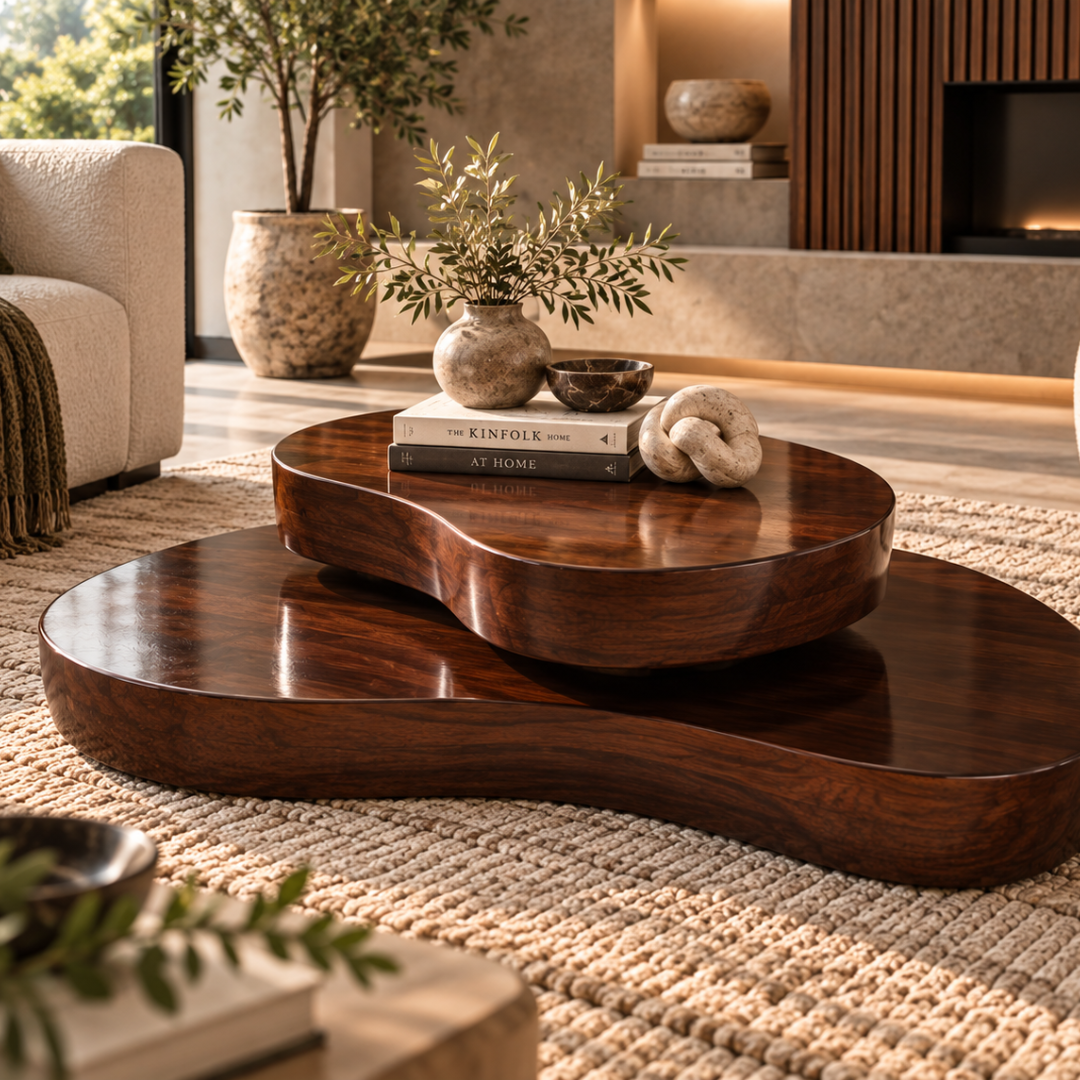 Shop a handcrafted 100% solid Sheesham wood coffee table with an organic two-tier design and luxurious high-gloss finish.